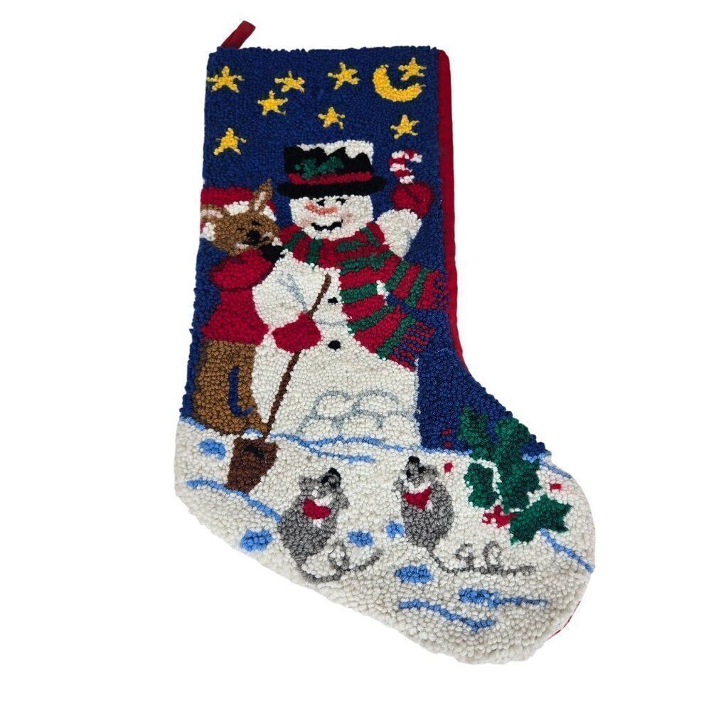 Holiday Christmas Stocking Snowman Reindeer Mice Hooked Wool Velvet